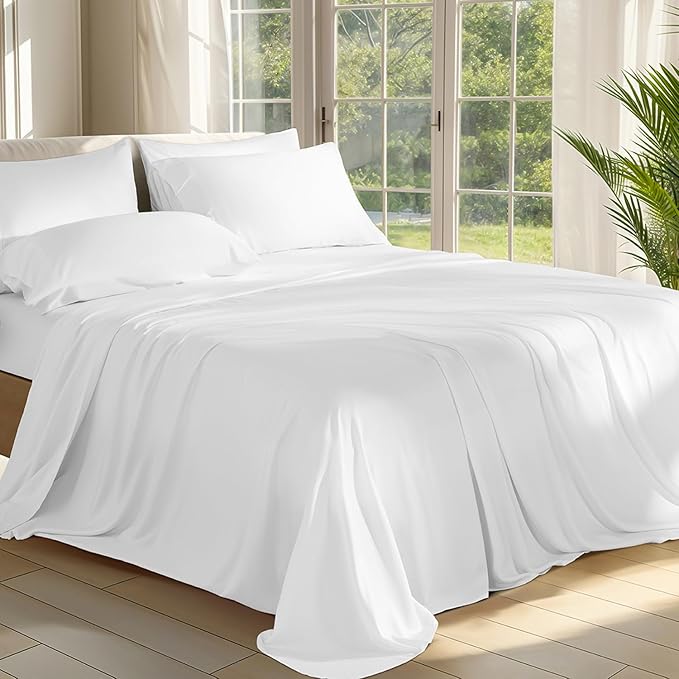 Shilucheng 100% Viscose Derived from Bamboo_ Sheets Cal King Size 6pcs - Ultra Cooling & Silky Soft Bed Sheets, 16" Deep Pocket, Perfect for Hot Sleepers, Hotel Bedding Sheets (White)