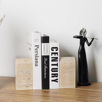 Koville Italian Travertine Bookends for Shelves, Decorative Book Ends, 7lbs Heavy-Duty Marble Book Holders, Bookshelf Apartment Decor for Normal Books/CD/Video Games(Travertino Romano)