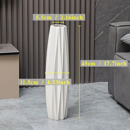 White Ceramic Floor Vase 17.7" – Origami Farmhouse Porcelain Vase for Living Room & Office Décor
