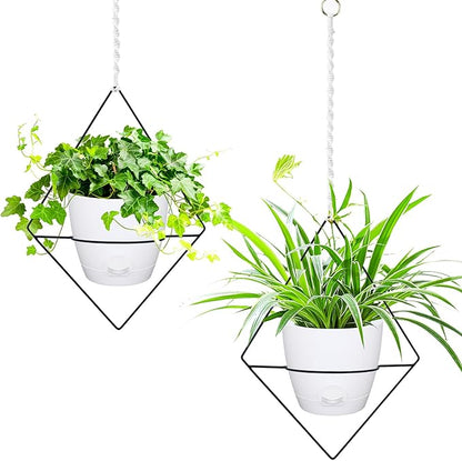 Hanging Planters for Indoor Plants, 2 Set Self Watering Hanging Flower Pots, Modern Hanging Plant Baskets with Metal Plant Holder & 6.5 Inch Plastic Pots for Garden Home Decor (White)