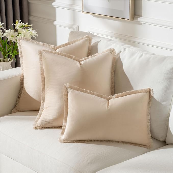 FUTEI Beige Velvet Decorative Throw Pillow Covers 12x20 Set of 2,Soft Cozy Edge with Tassels Lumbar Pillow Cases,Boho Modern Home Decor for Couch Bed Living Room