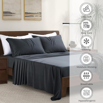 Full Size Sheet Set | 100% Viscose | Organically Grown | Ultra Soft | Cooling Sheets for Hot Sleepers | 17" Deep Pocket [Charcoal Grey]