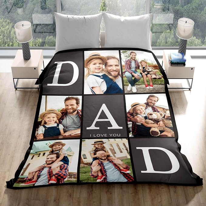 Gudina Fathres Day Custom Blanket with Photos Text Gifts for Dad Customizable Blanket Photo Blankets Personalized Blanket Thows with Picture Customize for Mom Dad