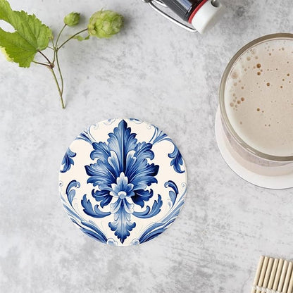 Ceramic Drinking Coasters Set of 4,Water Absorbent Marble Ceramic Coasters Tabletop Protection,Blue Watercolor Texture Elements China Flower,Suitable for Various Cups,Home Decor，4 Inch