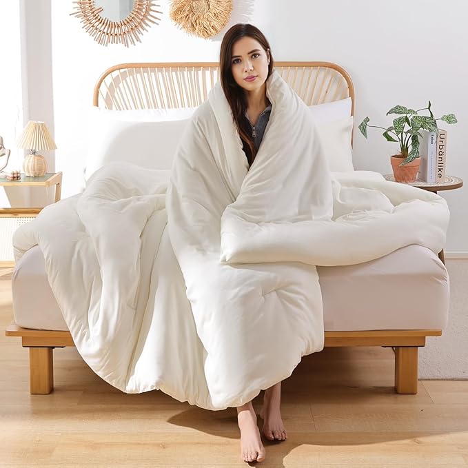 ROSGONIA Oversized King Comforter 120x120, 3pcs Super King Comforter (1 Ivory Comforter & 2 Pillowcases) Lightweight Warm Bedding Set Blanket Quilt