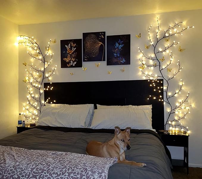 Vines for Room Decor with Remote Control On/Off Timmer Dim,7.5FT Artificial Plants Tree Willow Vine Lights Plug in 144 LEDs for Walls Bedroom,Living Room,Indoor Home Decoration(Brown)