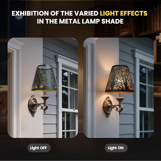 Chandelier Shades, Small Lamp Shade Clip on Bulb Set of 2 for Candelabra Bulbs, ALUCSET Barrel Metal Lamp Shade with Pattern of Trees for Table Chandelier Wall Lamp 4 x 7 x 6 Inch 2 PCS Pack