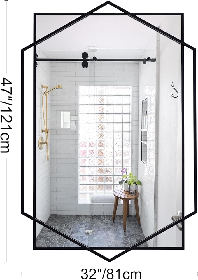 Black Decorative Mirror for Wall Decor, 32"x47" Modern Large Living Room Mirror with Hexagon and Rectangular Metal Frame for Bathroom, Entrance, Bedroom, Dining Room
