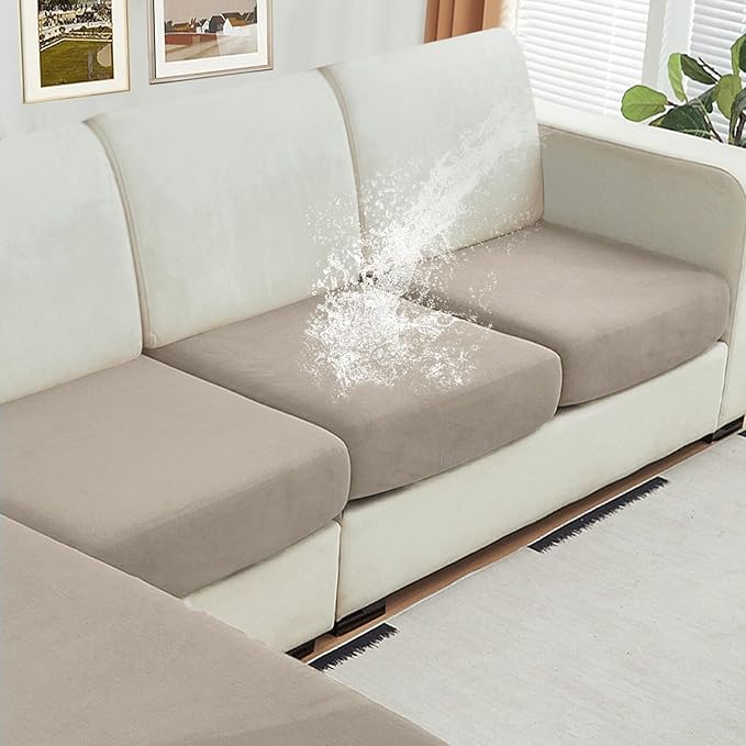 NAISI Waterproof Couch Cushion Covers Thick Velvet Fabric Washable Sofa Slipcovers 3 Pieces Individual Sectional Couch Covers with Elastic Bottom(3 Pcs for 3-Seat or Backrest,Light Taupe)