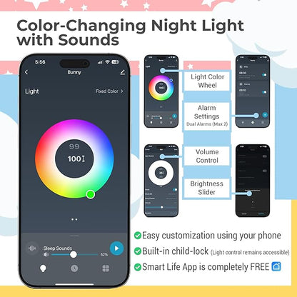 App-Controlled Kids Sleep Trainer – Color-Changing Night Light Alarm Clock with Sounds, OK-to-Wake Toddler Clock, USB-C Corded with Backup Battery, Gift for Boys & Girls - Cloud Alarm Clock for Kids