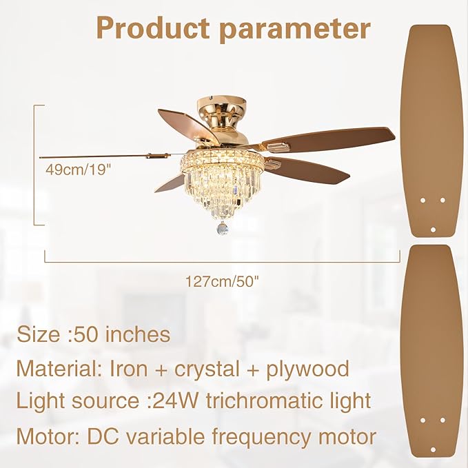 Crystal Ceiling Fan Fandelier with Lights-Ceiling Fans with Lights,50" Low Profile and Remote Control, Flush Mount, Reversible, Dimmable, Noiseless,Ceiling Fan for Bedroom（Gold）