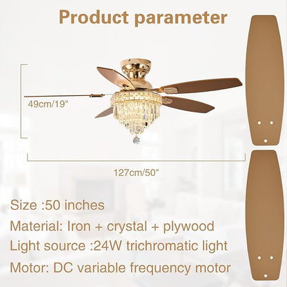 Crystal Ceiling Fan Fandelier with Lights-Ceiling Fans with Lights,50" Low Profile and Remote Control, Flush Mount, Reversible, Dimmable, Noiseless,Ceiling Fan for Bedroom（Gold）
