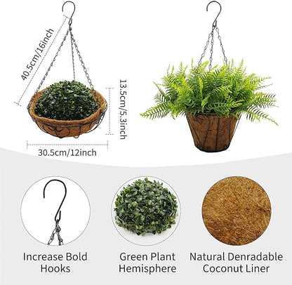 Towallmark Hanging Planters with Plant Hangers 2-Pack Artificial Green Fern 25CM Straight Coconut Fiber Baskets with Sturdy Iron Hanging Chains