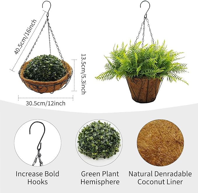 Hanging Planters with Plant Hangers for Indoor Outdoor Decor 2 Pack Artificial Green Fern 25CM Straight Coconut Fiber Hanging Baskets with Durable Iron