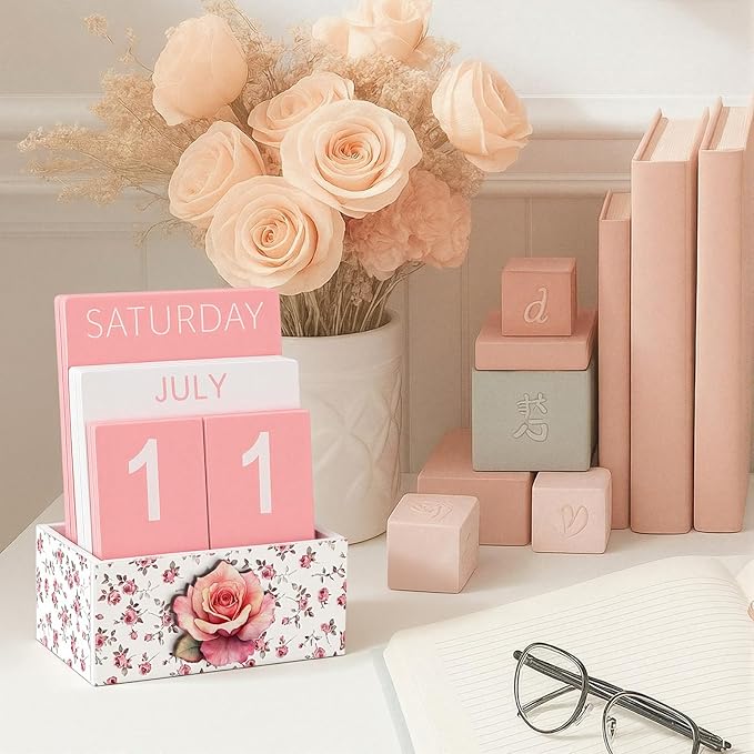 Pink Rose Wood Block Perpetual Calendar Coquettish Desk Decor Cute Month Week Date Display Decorative Block Calendar for Women Office Home Desk Gift for Women