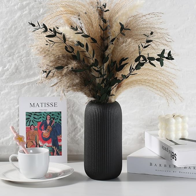 Bohemian Black Ceramic Vase - for Pampas Grass, Mantel, Bookshelf, Entryway and Living Room Decor (Black, 8in-Pill)