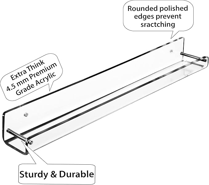AMT 6 Pack Acrylic Floating Shelves, 15" L x 1.8" W, Clear Bathroom Wall Shelf, Bookshelves, Invisible Display for Office, Bedroom, Small Gap Allows Water to Escape, Free Screws & Drill Bit (Small)