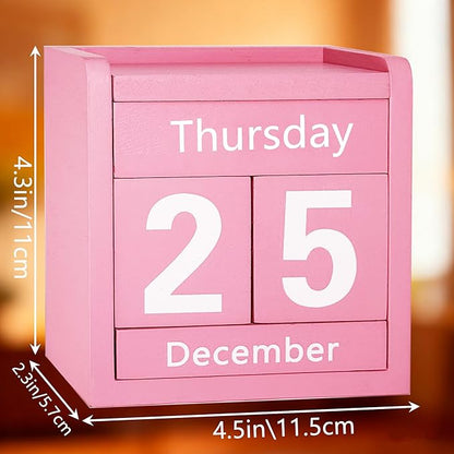 Pink Desk Calendar Wooden Block Perpetual Calendar Cute Pink Office Desktop Accessories for Women Room Bedroom Girls Birthday Party Gift Christmas Home Decor