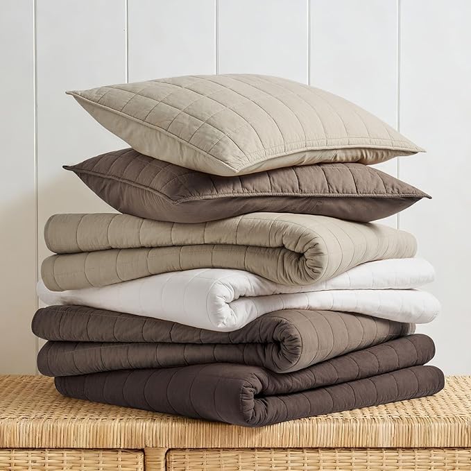 EVERGRACEHOME 100% Cotton Box Stitch Quilt Bedding Set King Size 3 Pieces, Garment-Washed Lightweight Soft Cozy Coverlet, Oversized Quilted Bedspread Sets with 2 Shams for All Season, Cocoa Brown