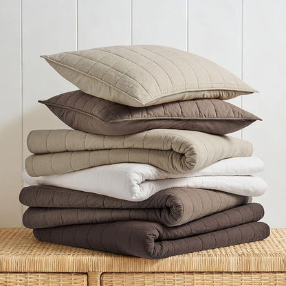 EVERGRACEHOME 100% Cotton Box Stitch Quilt Bedding Set Queen Size 3 Pieces, Garment-Washed Lightweight Soft Cozy Coverlet, Quilted Bedspread Sets with 2 Shams for All Season, Cocoa Brown