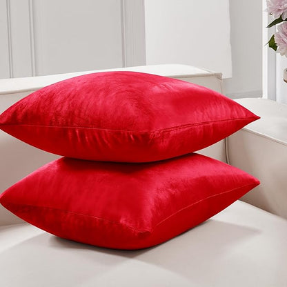Deconovo Decorative Velvet Throw Pillow Covers 16x16 Inch Set of 2, Soft Square Cushion Cases for Couch Sofa Living Room Decor Bedroom Outdoor Right Red Pillow Covers with Invisible Zipper