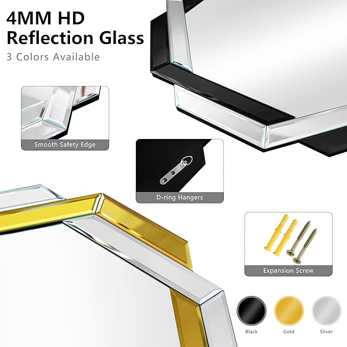 Bathroom Mirror Black-24”X24” Wall Mirrors Decorative, Beveled Edge Frameless Mirror for Wall Bathroom, Vanity Room, Bedroom, Living Room and Enterway