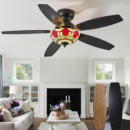 Tiffany Ceiling Fans with Lights - 48" Ceiling Fan Chandelier with 5 Dual-Blades and Glass Shade, 6 Speeds and Reversible, Indoor and Outdoor, Retro Style