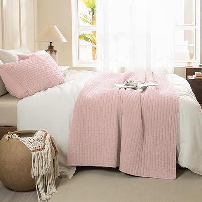 Sanracie Cotton Quilt Set King Size(110"x98"), Light Pink Ultra Soft Stonewashed Crinkle Quilt Bedspread Set 3Pcs Cross Stitch Pattern Lightweight Breathable Bed Coverlet Set for All Season