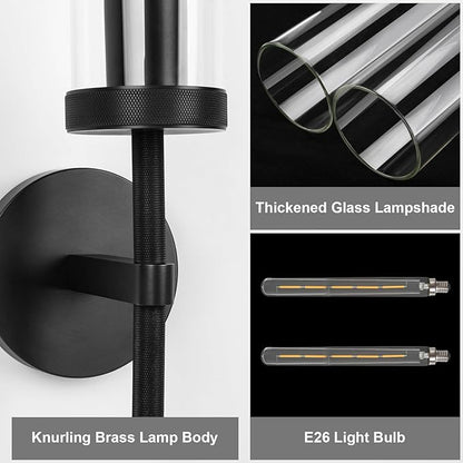 Black Wall Sconce, 19.48'' Brushed Brass Knurled Bathroom Sconces Wall Lighting Vanity Light with Clear Glass, Indoor Wall Mount Light for Living Room Mirror Bedroom Stairs