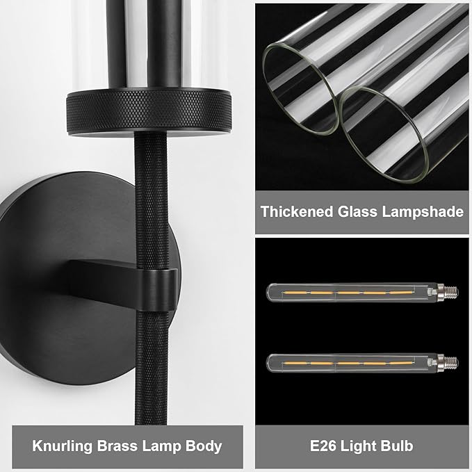 Black Wall Sconces Set of Two with White Light, 19.48'' Brushed Brass Knurled Bathroom Sconces Wall Lighting Vanity Light with Clear Glass for Living Room Mirror Bedroom Stairs