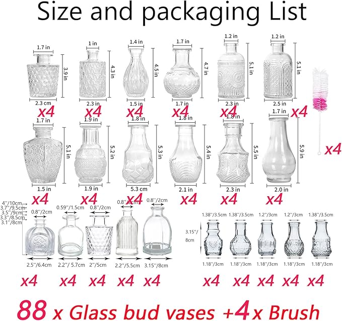 Glass Bud Vase Set of 88 Bud Vases in Bulk with 4 Brushes, Glass Vases for Centerpieces Cute, Vintage Wedding Decor Clear Bulk Mini Vase for Rustic Wedding Decorations, Home Table Flower Decor
