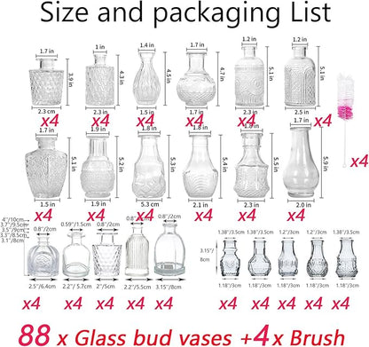 Glass Bud Vase Set of 88 Bud Vases in Bulk with 4 Brushes, Glass Vases for Centerpieces Cute, Vintage Wedding Decor Clear Bulk Mini Vase for Rustic Wedding Decorations, Home Table Flower Decor