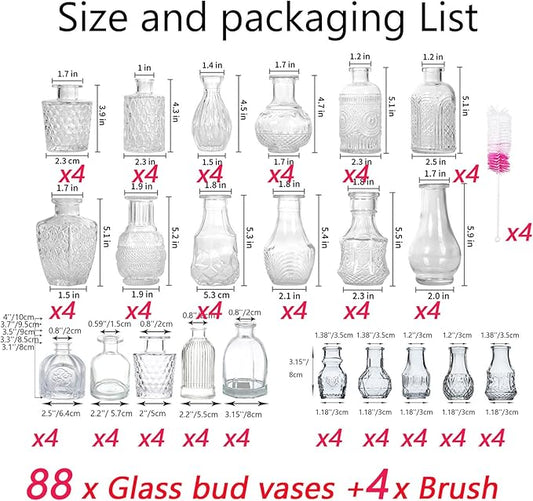 Glass Bud Vase Set of 88 Bud Vases in Bulk with 4 Brushes, Glass Vases for Centerpieces Cute, Vintage Wedding Decor Clear Bulk Mini Vase for Rustic Wedding Decorations, Home Table Flower Decor