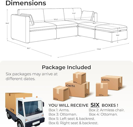 CHITA Oversized Modular Cloud Sectional Sofa Set, FSC Certified U Shaped Couch with Reversible Chaise Modular Sectional Couch, 112 inch Width,5 Seat Modular Sofa Includes 2 Storage Ottomans, Blue