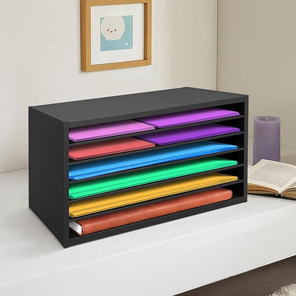 PROLEE Construction Paper Organizer 20" x 13.5" x12.2",Soild Wooden Paper Organizer with 6-Tier Letter Trays, Desktop File Papers Sorter for Home, Classroom and Office (Black)
