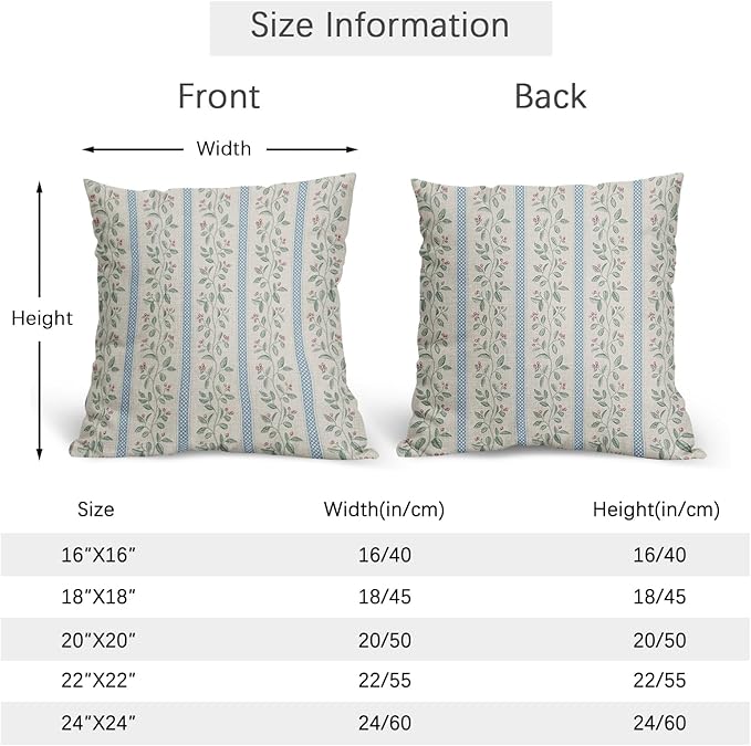 Vintage Floral Pillow Covers 20x20 Set of 2 Striped Boho Decor Blue Green Pillowcases Summer Printed Grand Millenial Throw Pillow Covers with Zipper Soft Cozy for Sofa Bed Chair Home Decoration
