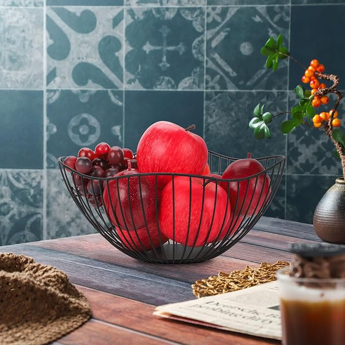 IBWell Antique Curved Edge Fruit Basket for Kitchen Black Wire Basket Fruit Bowl for Home Decor Metal Wire Fruit Holder for Fruit Vegetable Snacks