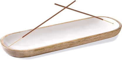 Folkulture Incense Holder for Home | Modern Incense Burner or Insence-Stick Holder for Gifts| Mango Wood Incense Tray Trough for Sticks 12 x 4 Inches, White