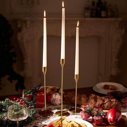 Solid Taper Candle Holders Set of 6, Vintage Brass Long Skinny Candlestick (Heights: 9/11/13 Inch), Heavy Iron Anti-Slip Base for Fireplace Mantle Table Centerpiece Wedding Decor