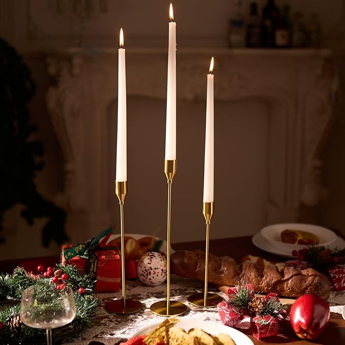 Solid Taper Candle Holders Set of 3, Vintage Brass Long Skinny Candlestick (Heights: 9/11/13 Inch), Heavy Iron Anti-Slip Base for Fireplace Mantle Table Centerpiece Wedding Decor
