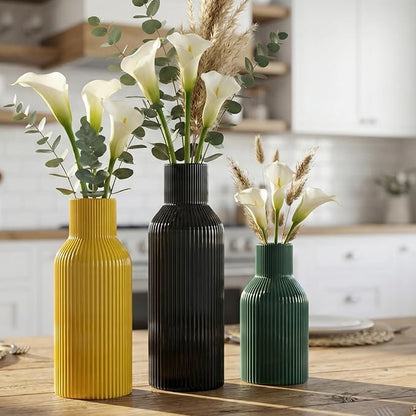 Glossy Ceramic Vase Set of 3, High-Gloss Ribbed Modern Flower Vases in Black, Green & Yellow, 5.9"/7.8"/9.8" Decorative Vases for Home Living Room Table Centerpiece