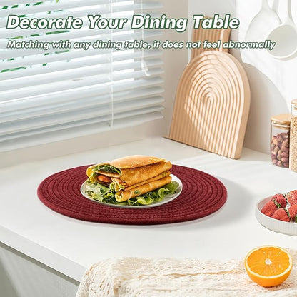 Aertiavty 8 Pack Round Woven Placemats for Christmas 13.5 Inches Red Heat Resistant Placemats Farmhouse Cotton Rope Place Mats for New Year Trivets for Hot Dishes, Burgundy