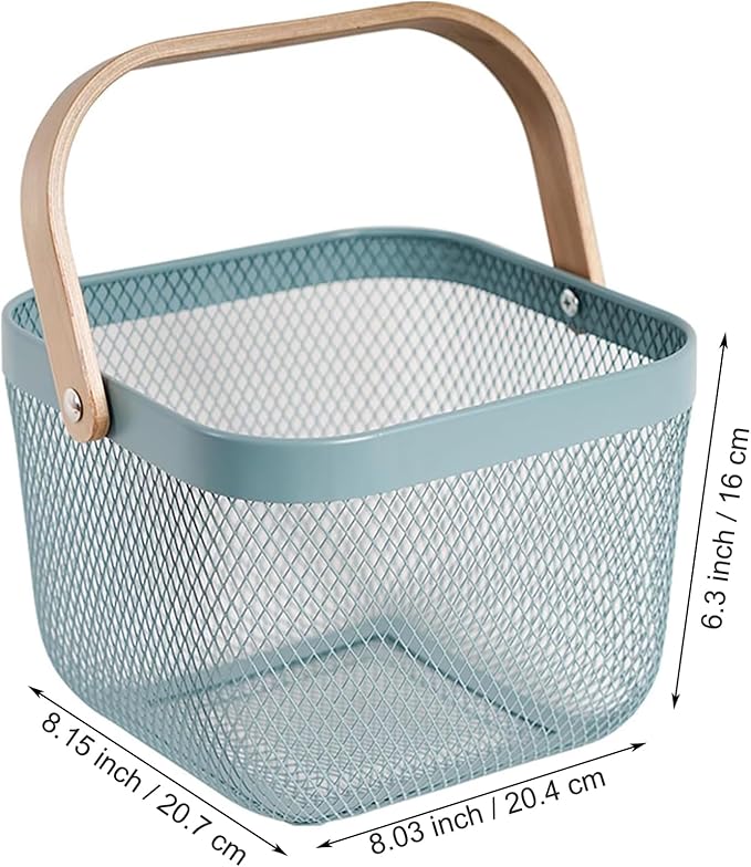 Metal Mesh Wire Basket, Small Steel Basket with Wooden Handle Storage Organizer Basket Multi-functional Hanging Kitchen Baskets Fruit Baskets for Kitchen Bathroom Cabinet Pantry Snacks, Blue