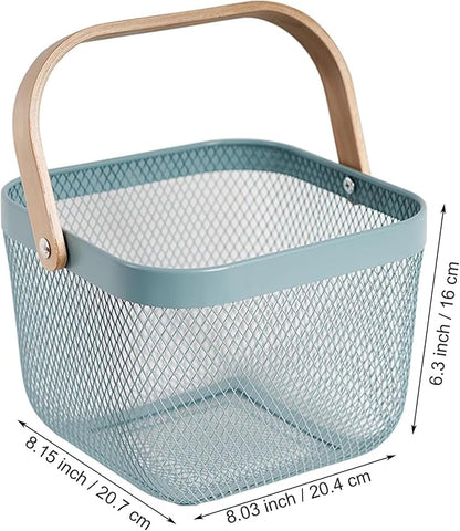 Metal Mesh Wire Basket, Small Steel Basket with Wooden Handle Storage Organizer Basket Multi-functional Hanging Kitchen Baskets Fruit Baskets for Kitchen Bathroom Cabinet Pantry Snacks, Blue