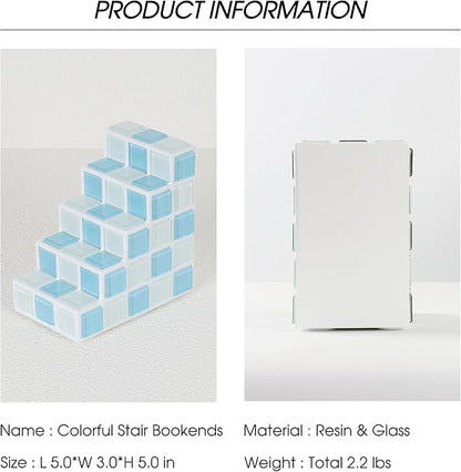 Decorative Bookends for Shelves - Stair Book Ends for Heavy Books - Unique Book Stopper & Holder for Shelves - Modern Home Decor Aesthetic Bookshelf Decor (Light Blue & White)