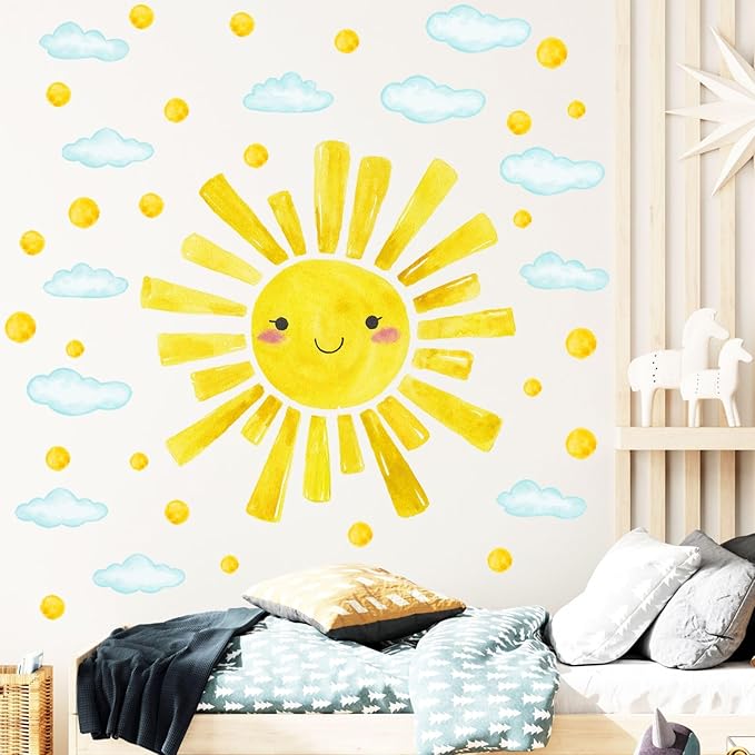 Watercolor Large Sun Wall Decals Cloud Polka Dots Wall Stickers for Kids Room, 12 Sheets Lovely Smile Sun Wall Decor Stickers Peel and Stick Wall Decorations Stickers for Bedroom Nursery