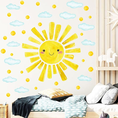 Watercolor Large Sun Wall Decals Cloud Polka Dots Wall Stickers for Kids Room, 12 Sheets Lovely Smile Sun Wall Decor Stickers Peel and Stick Wall Decorations Stickers for Bedroom Nursery