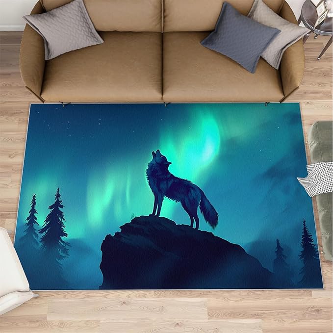 Wolf 4x5 Area Rugs for Living Room -Forest Washable Rug Aurora Non-Slip Carpet Indoor Floor Stain Resistant Thin Carpets for Bedroom Dining Room Home Office