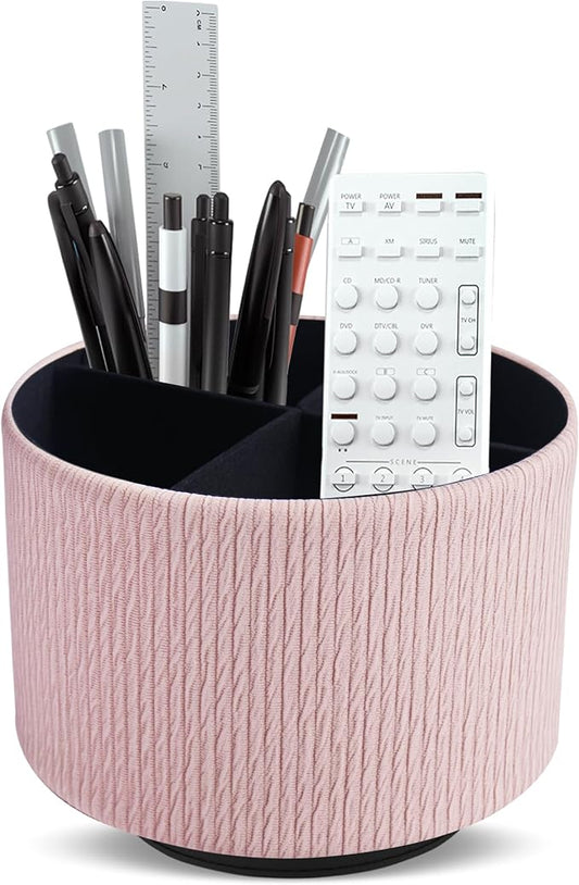 Round Leather Art Supply Organizer,Remote Control Holder,360 Degree Spinning,Multi-Functional Pencil Holder,4 Compartments Desktop Stationary Organizer(1-Wood Pink2)