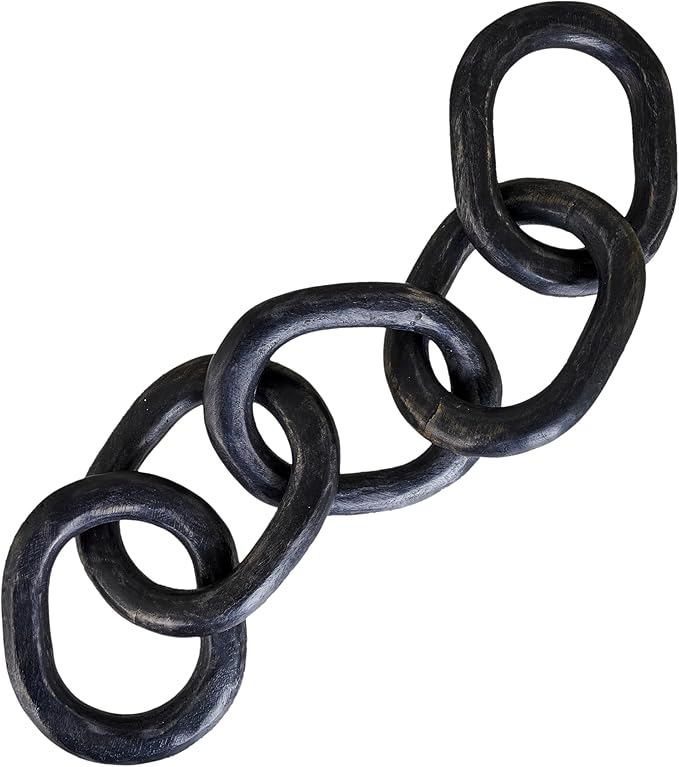 Wood Chain Link Decor Hand Carved 5-Link Wood Knot Decorative Chain, Rustic Link Decorative Object Large Wooden Chain for Home Living Room Coffee Table Farmhouse BLK 16 x 4 x 2